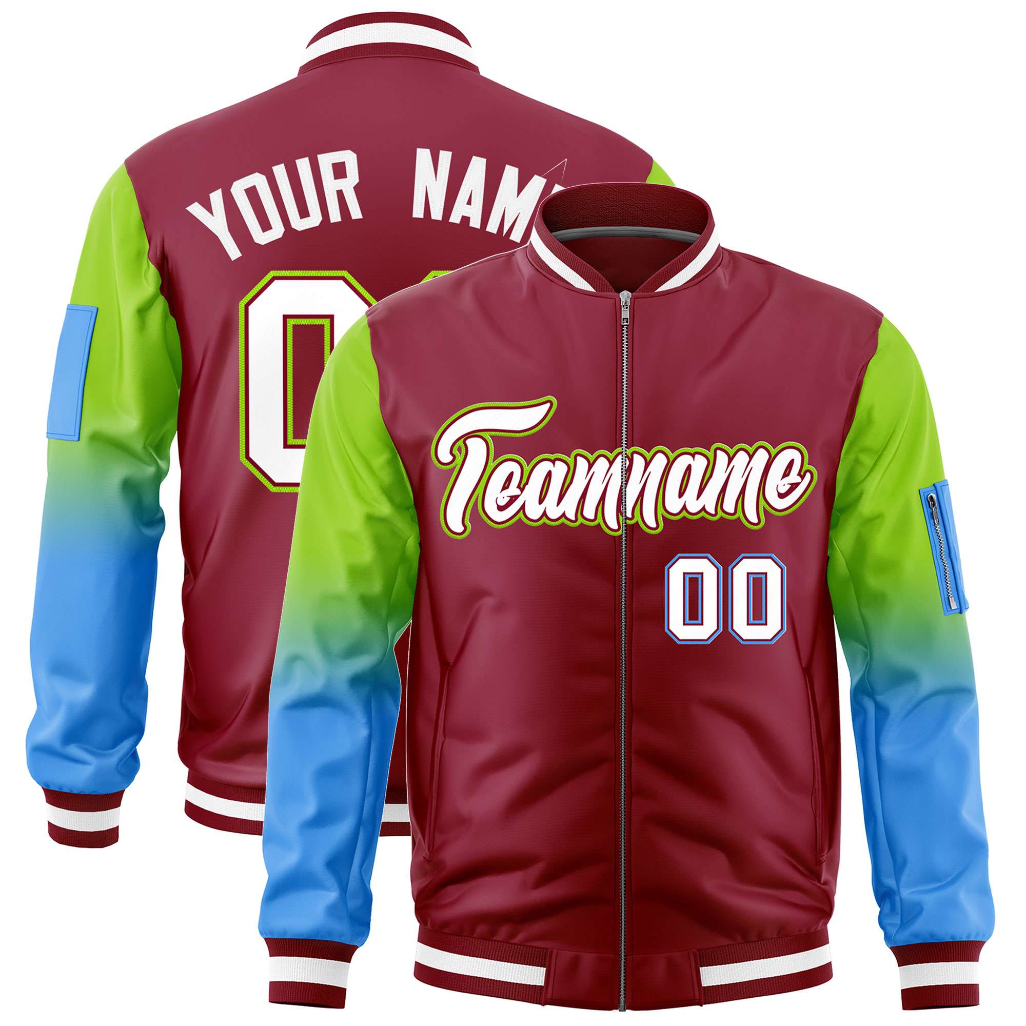 Custom Crimson Neon Green-Powder Blue Gaglan Sleeve Gradient Varsity Full-Zip Letterman Bomber Jacket