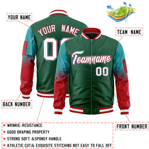 Custom Green Aqua-Red Gaglan Sleeve Gradient Varsity Full-Zip Letterman Bomber Jacket