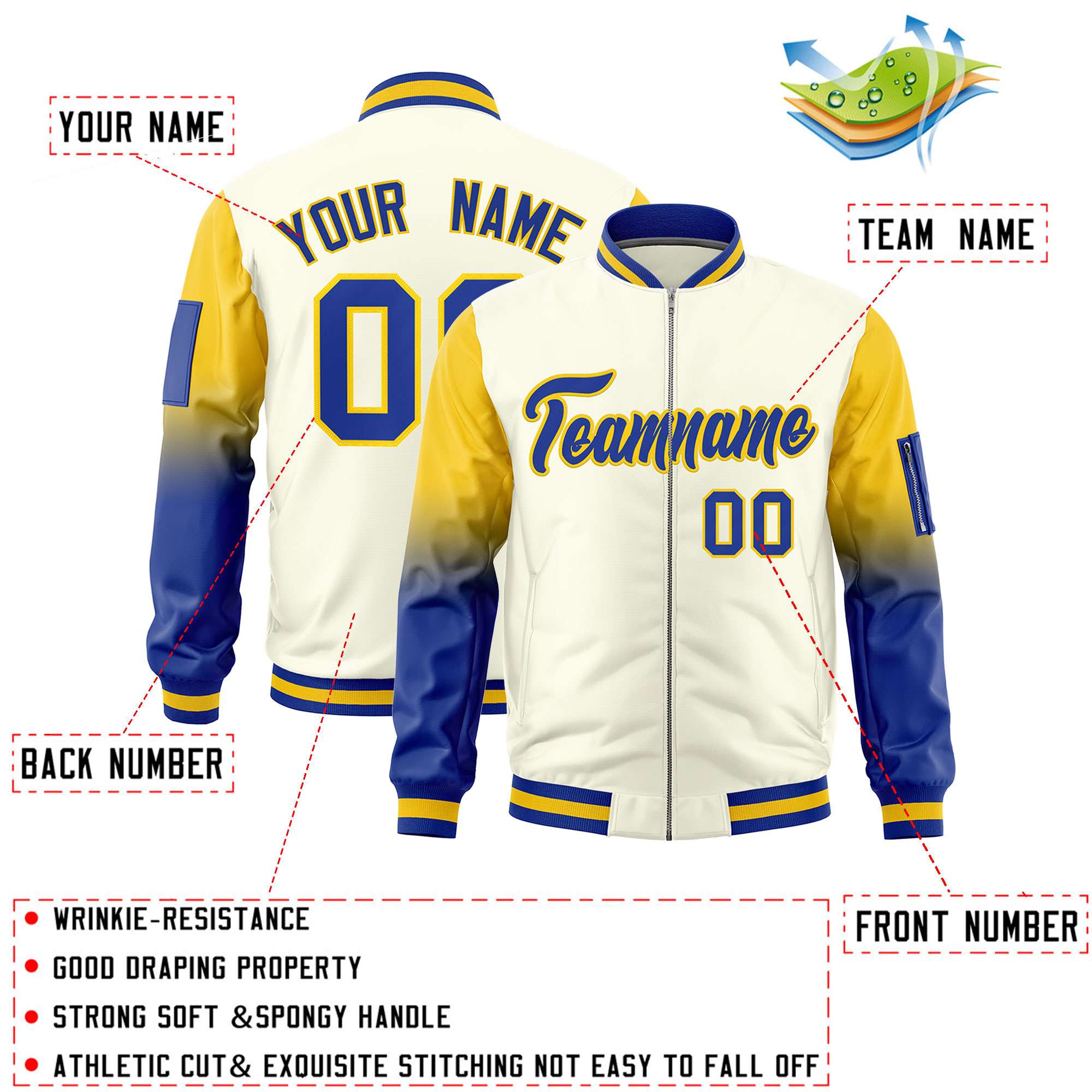 Custom Cream Gold-Royal Gaglan Sleeve Gradient Varsity Full-Zip Letterman Bomber Jacket