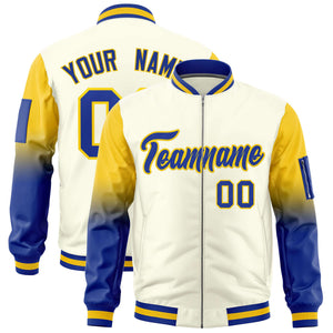 Custom Cream Gold-Royal Gaglan Sleeve Gradient Varsity Full-Zip Letterman Bomber Jacket