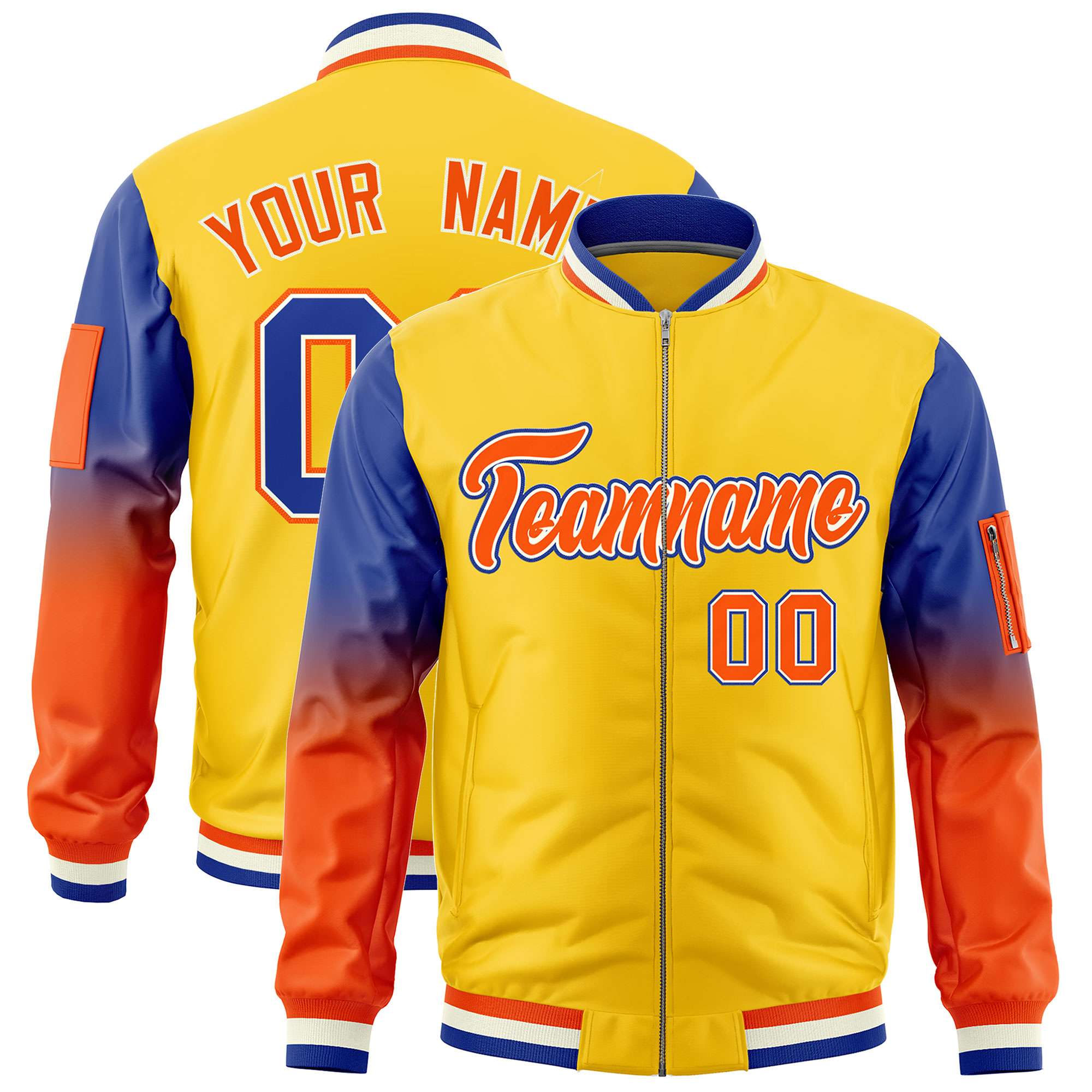 Custom Gold Royal-Orange Gaglan Sleeve Gradient Varsity Full-Zip Letterman Bomber Jacket