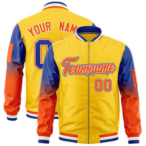 Custom Gold Royal-Orange Gaglan Sleeve Gradient Varsity Full-Zip Letterman Bomber Jacket