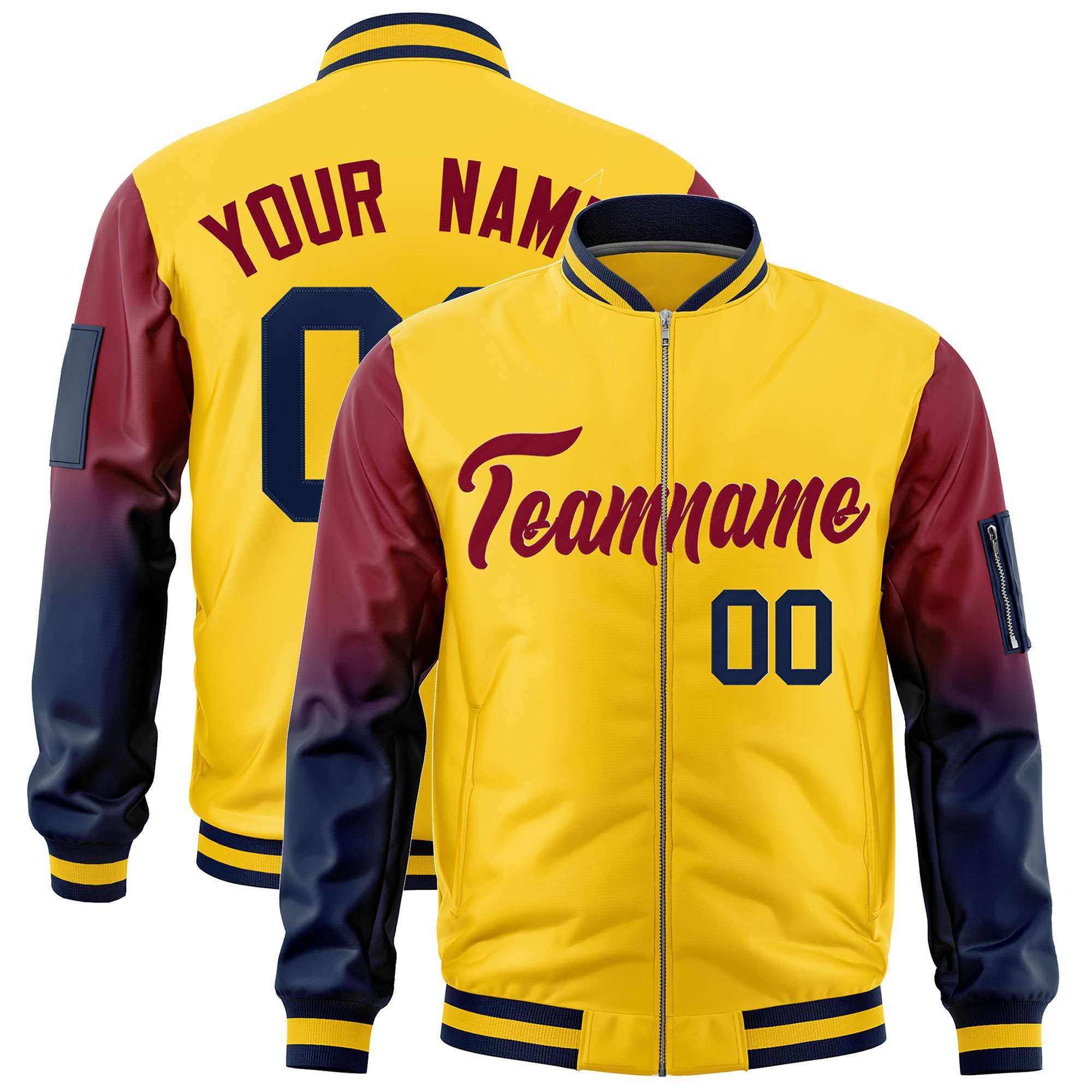 Custom Gold Crimson-Navy Gaglan Sleeve Gradient Varsity Full-Zip Letterman Bomber Jacket