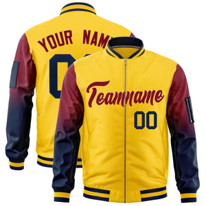 Custom Gold Crimson-Navy Gaglan Sleeve Gradient Varsity Full-Zip Letterman Bomber Jacket