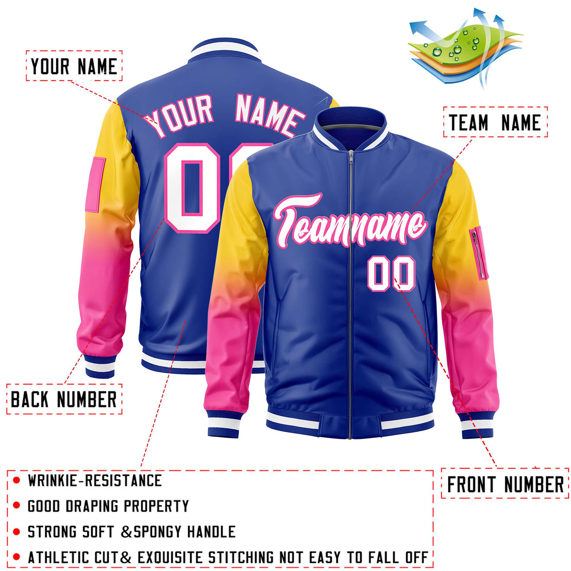 Custom Royal Gold-Pink Gaglan Sleeve Gradient Varsity Full-Zip Letterman Bomber Jacket