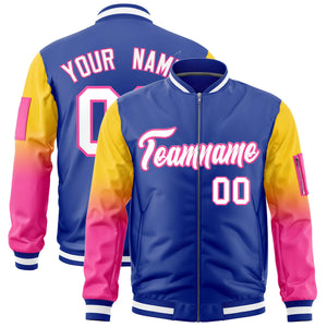 Custom Royal Gold-Pink Gaglan Sleeve Gradient Varsity Full-Zip Letterman Bomber Jacket