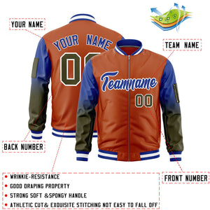 Custom Texas Orange Royal-Olive Gaglan Sleeve Gradient Varsity Full-Zip Letterman Bomber Jacket