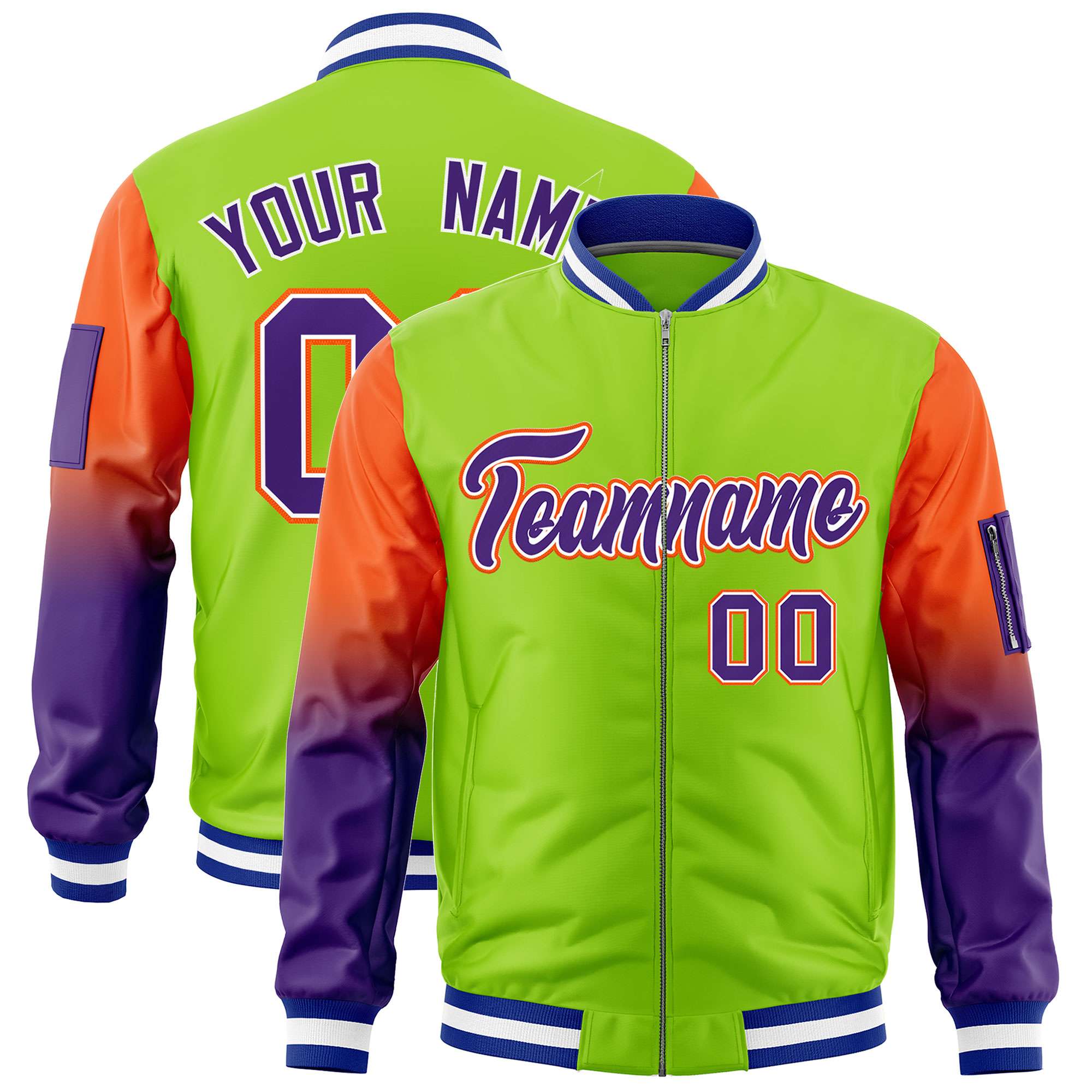 Custom Neon Green Orange-Purple Gaglan Sleeve Gradient Varsity Full-Zip Letterman Bomber Jacket