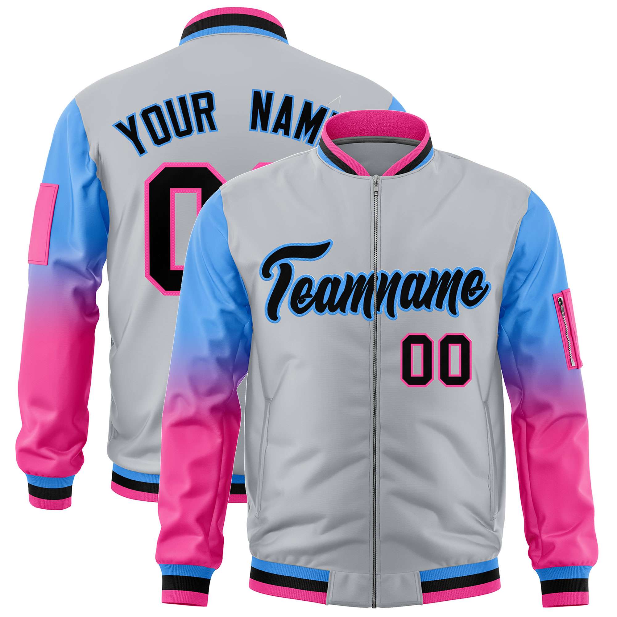 Custom Silver Powder Blue-Pink Gaglan Sleeve Gradient Varsity Full-Zip Letterman Bomber Jacket