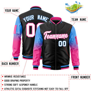 Custom Black Powder Blue-Pink Gaglan Sleeve Gradient Varsity Full-Zip Letterman Bomber Jacket