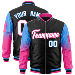 Custom Black Powder Blue-Pink Gaglan Sleeve Gradient Varsity Full-Zip Letterman Bomber Jacket