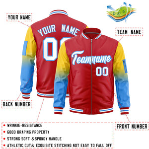 Custom Red Gold-Powder Blue Gaglan Sleeve Gradient Varsity Full-Zip Letterman Bomber Jacket