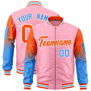 Custom Light Pink Orange-Powder Blue Gaglan Sleeve Gradient Varsity Full-Zip Letterman Bomber Jacket