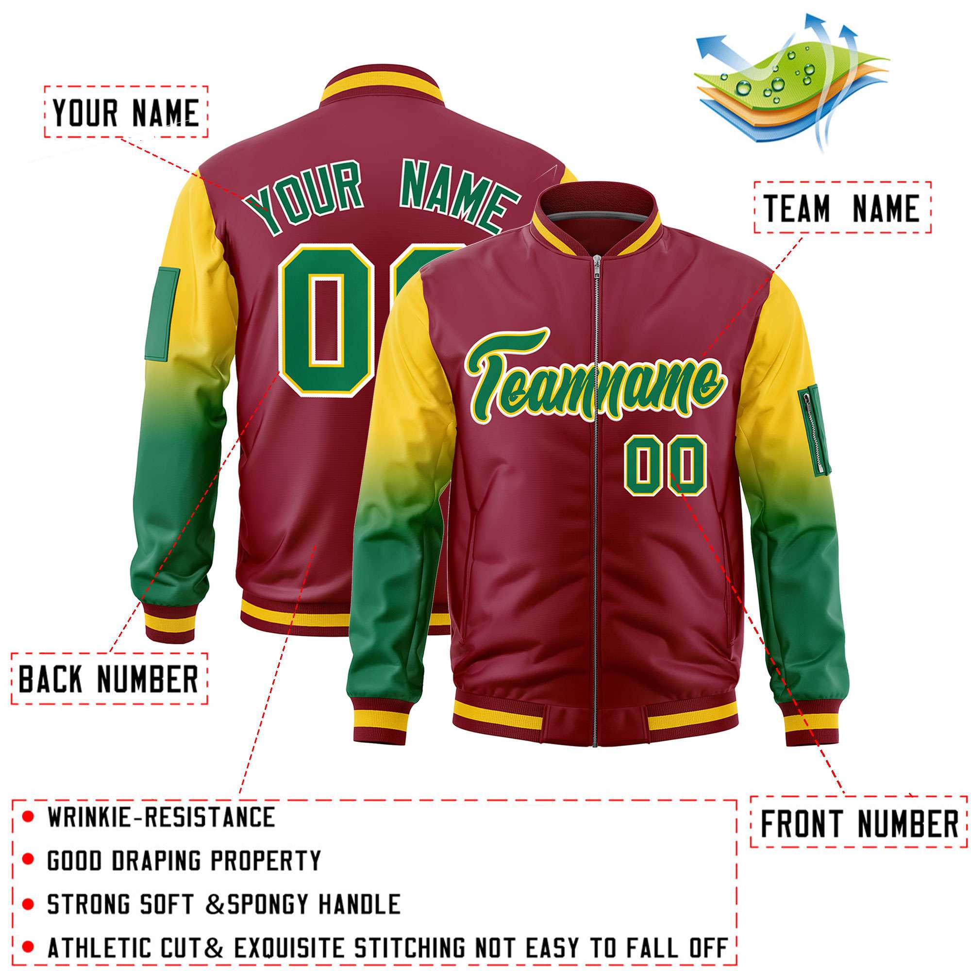 Custom Crimson Gold-Kelly Green Gaglan Sleeve Gradient Varsity Full-Zip Letterman Bomber Jacket