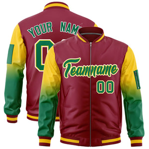 Custom Crimson Gold-Kelly Green Gaglan Sleeve Gradient Varsity Full-Zip Letterman Bomber Jacket