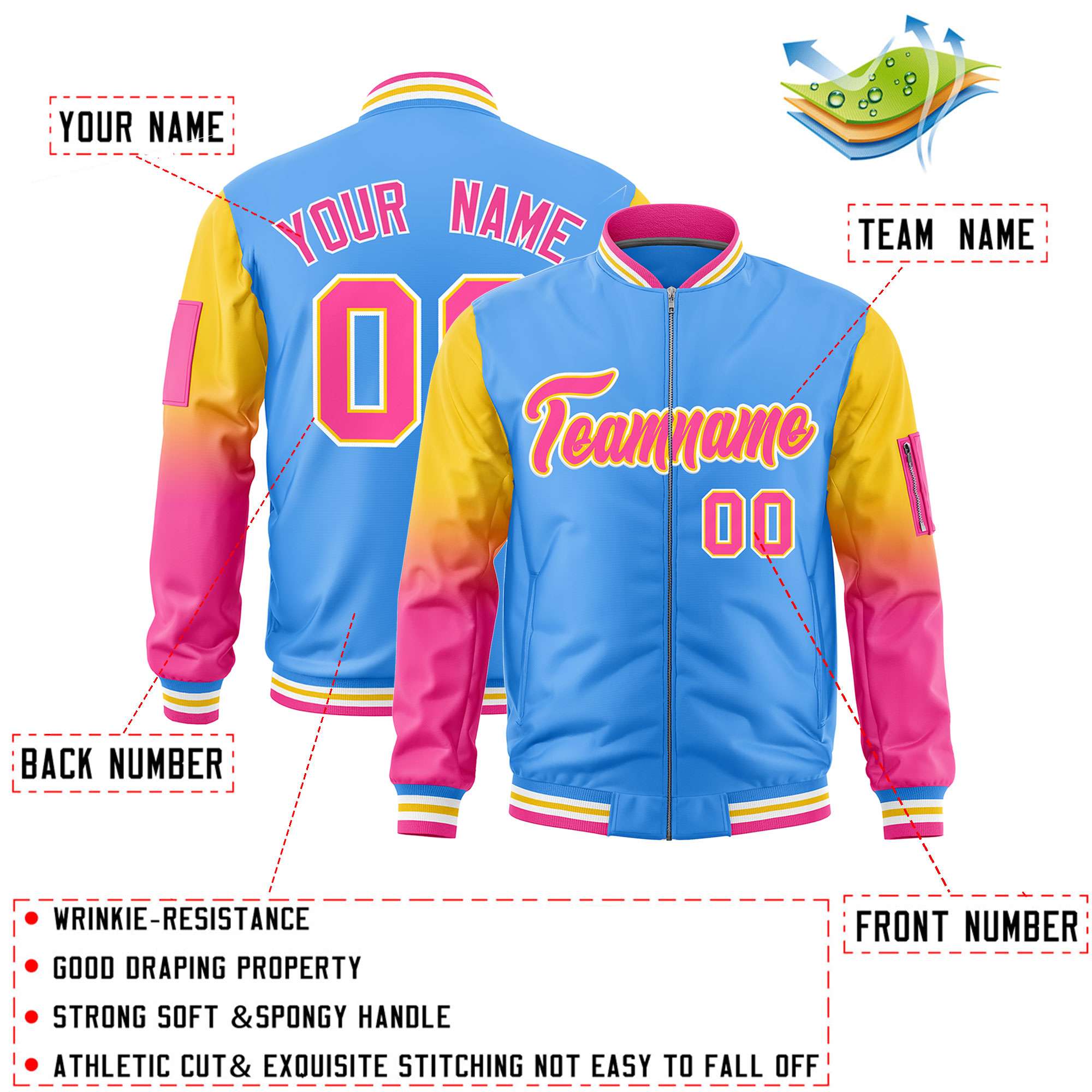 Custom Powder Blue Gold-Pink Gaglan Sleeve Gradient Varsity Full-Zip Letterman Bomber Jacket