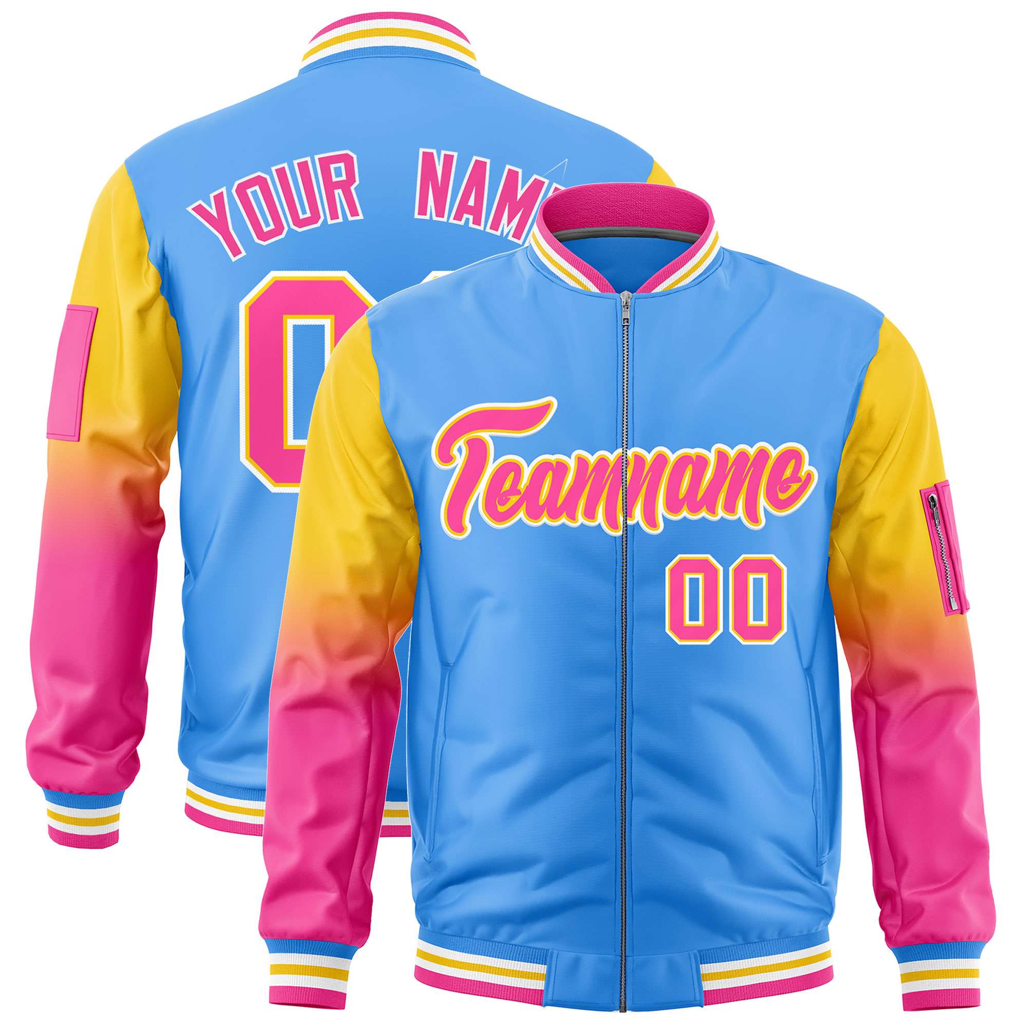 Custom Powder Blue Gold-Pink Gaglan Sleeve Gradient Varsity Full-Zip Letterman Bomber Jacket