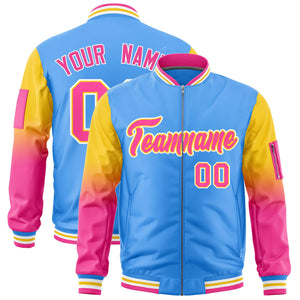 Custom Powder Blue Gold-Pink Gaglan Sleeve Gradient Varsity Full-Zip Letterman Bomber Jacket