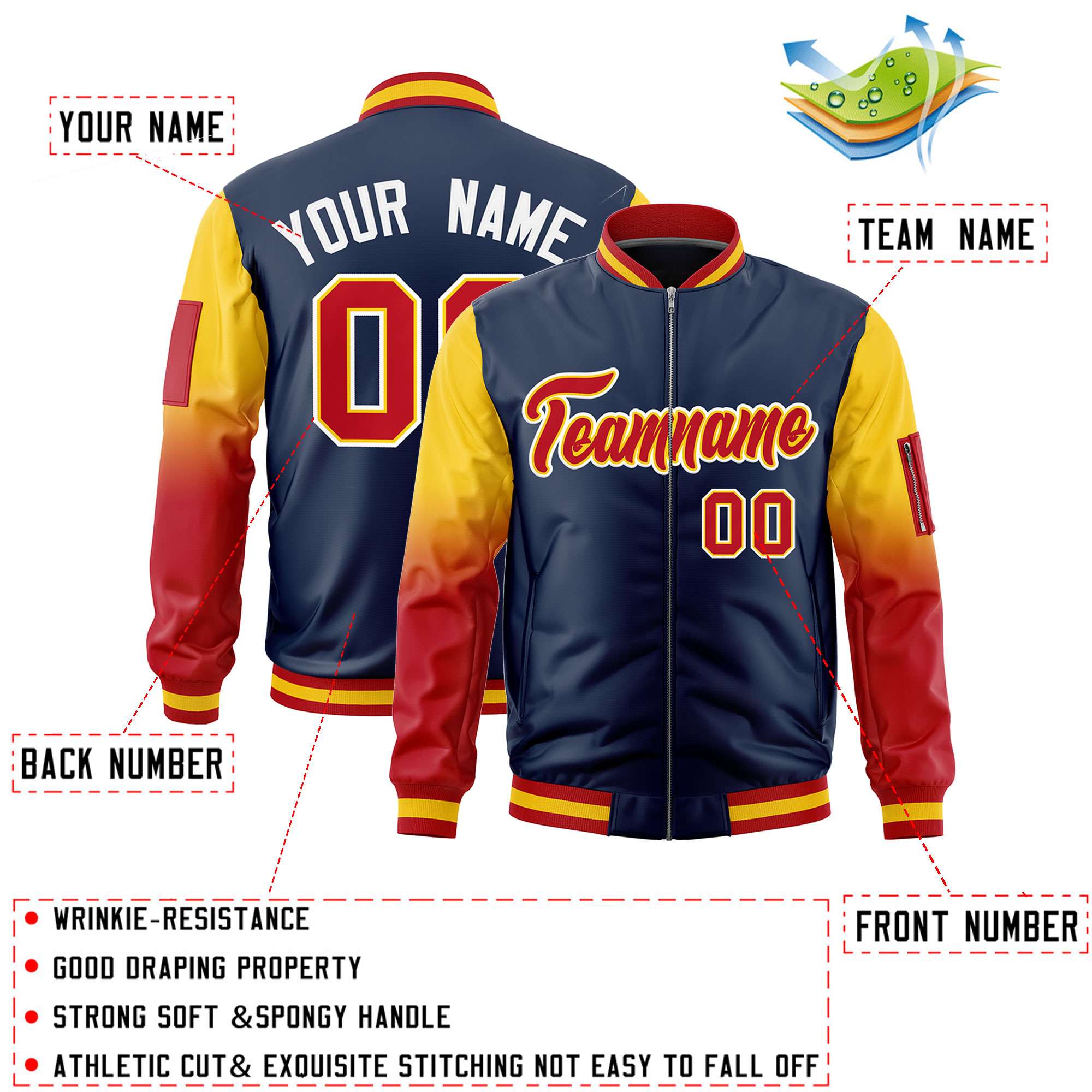 Custom Navy Gold-Red Gaglan Sleeve Gradient Varsity Full-Zip Letterman Bomber Jacket