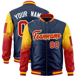 Custom Navy Gold-Red Gaglan Sleeve Gradient Varsity Full-Zip Letterman Bomber Jacket