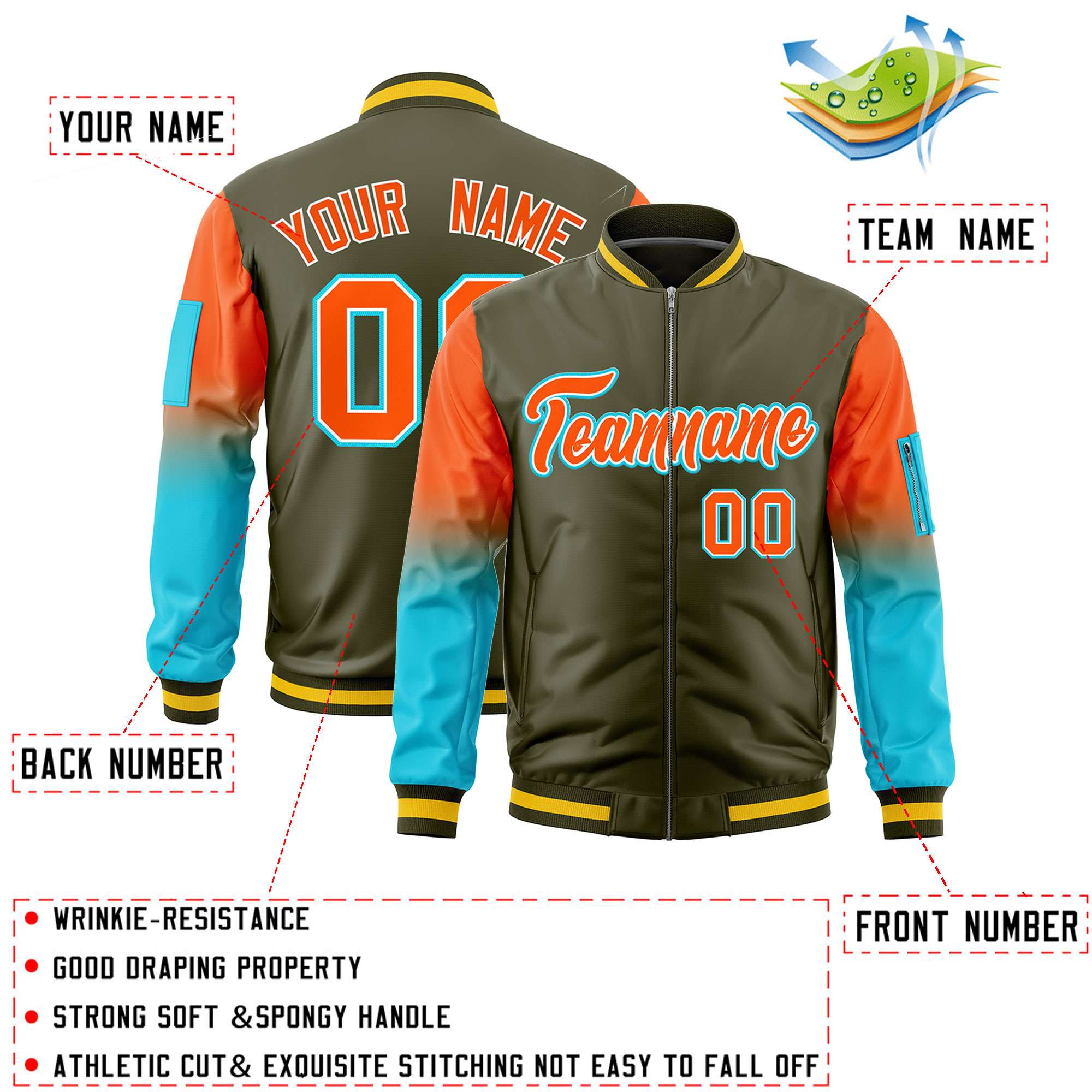 Custom Olive Orange-Sky Blue Gaglan Sleeve Gradient Varsity Full-Zip Letterman Bomber Jacket