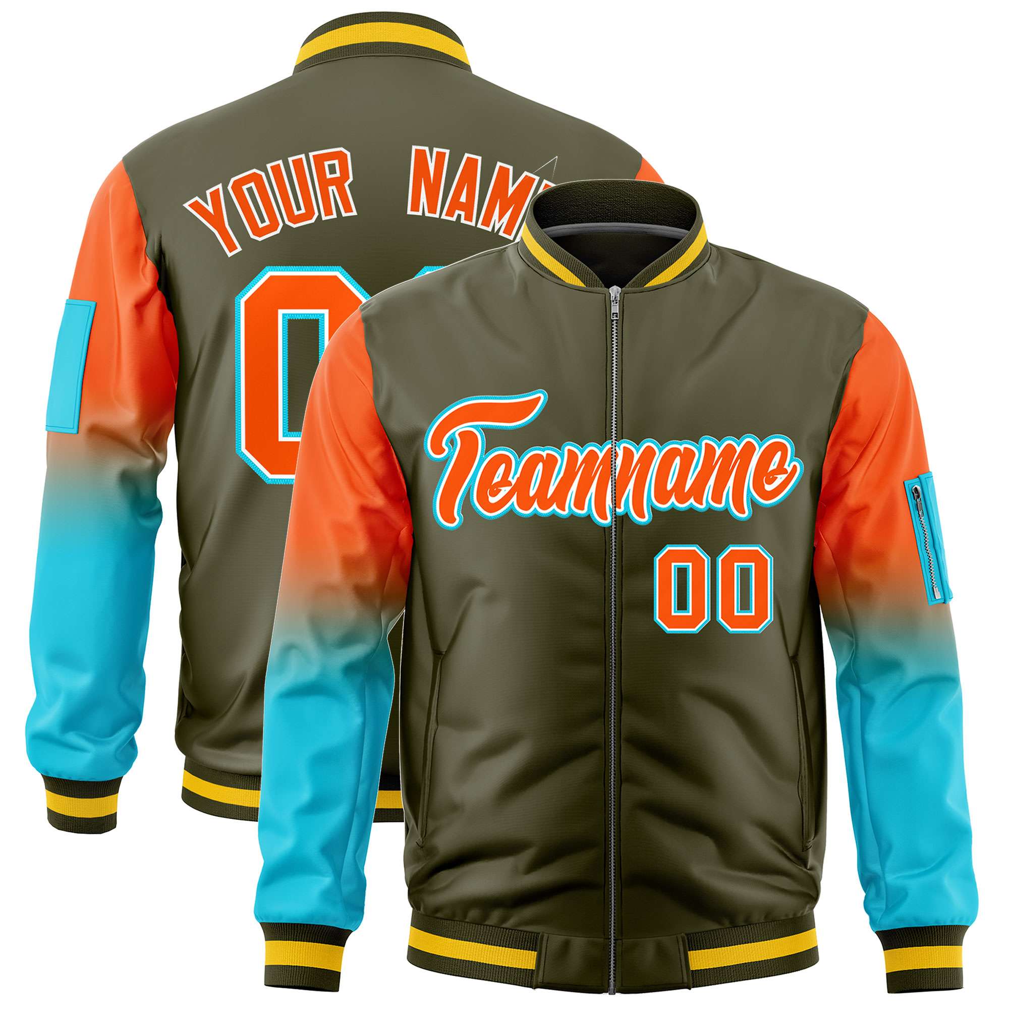 Custom Olive Orange-Sky Blue Gaglan Sleeve Gradient Varsity Full-Zip Letterman Bomber Jacket