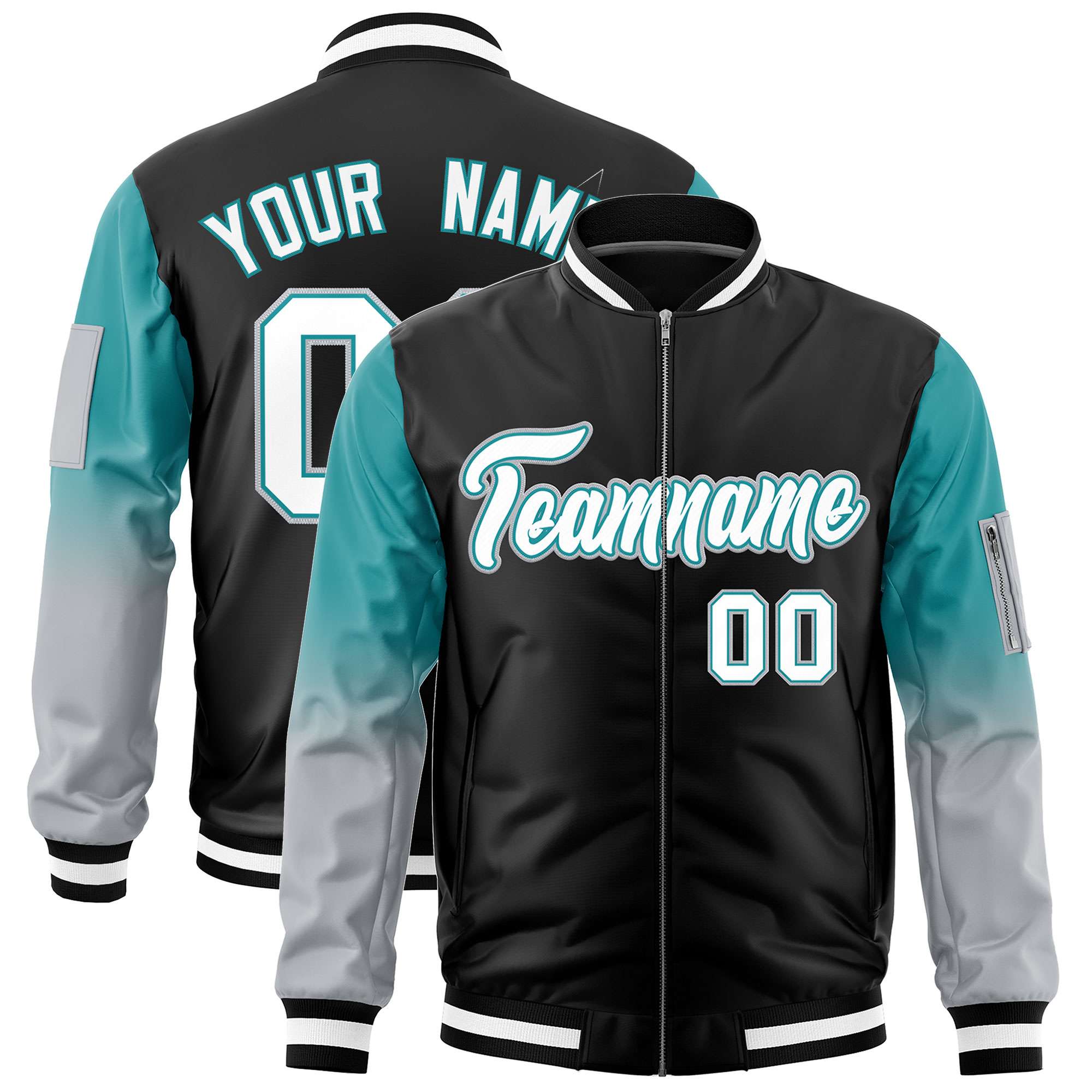 Custom Black Aqua-Silver Gaglan Sleeve Gradient Varsity Full-Zip Letterman Bomber Jacket