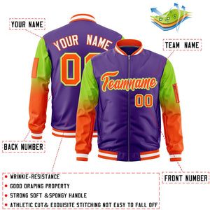 Custom Purple Neon Green-Orange Gaglan Sleeve Gradient Varsity Full-Zip Letterman Bomber Jacket