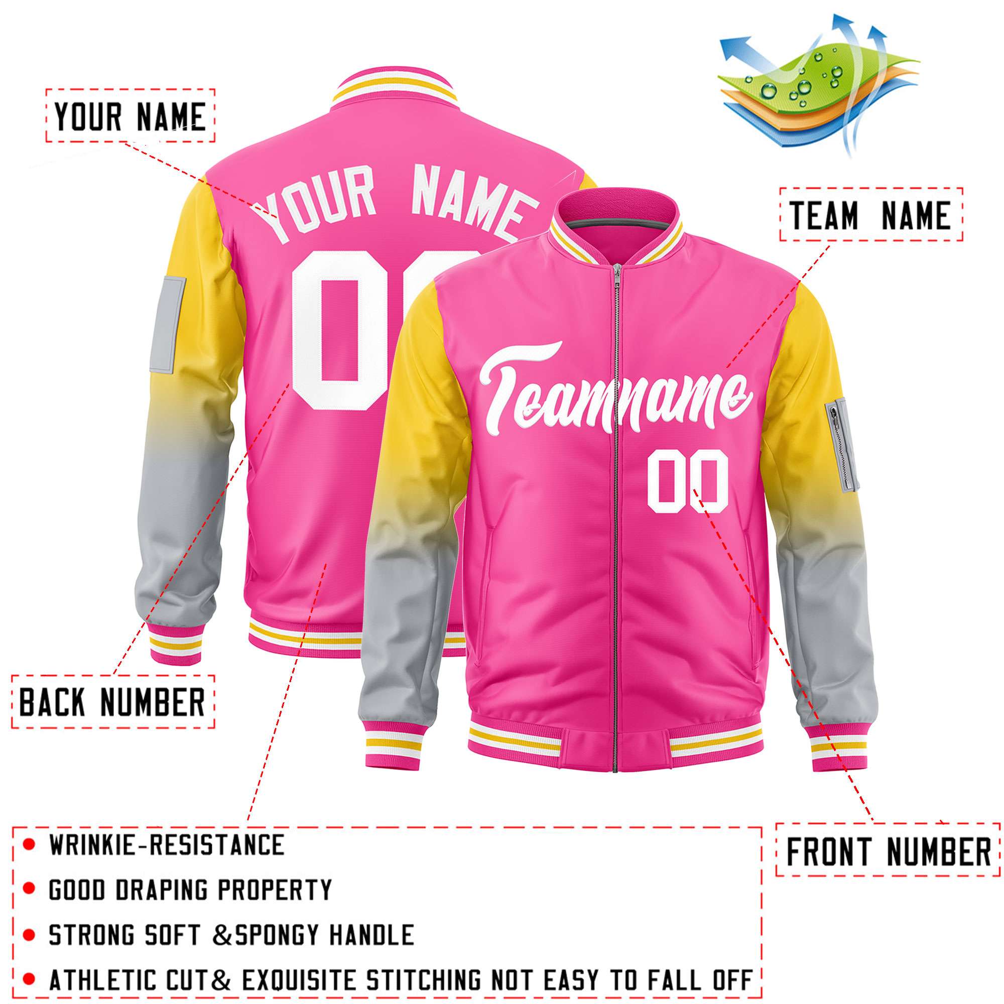 Custom Pink Gold-Silver Gaglan Sleeve Gradient Varsity Full-Zip Letterman Bomber Jacket