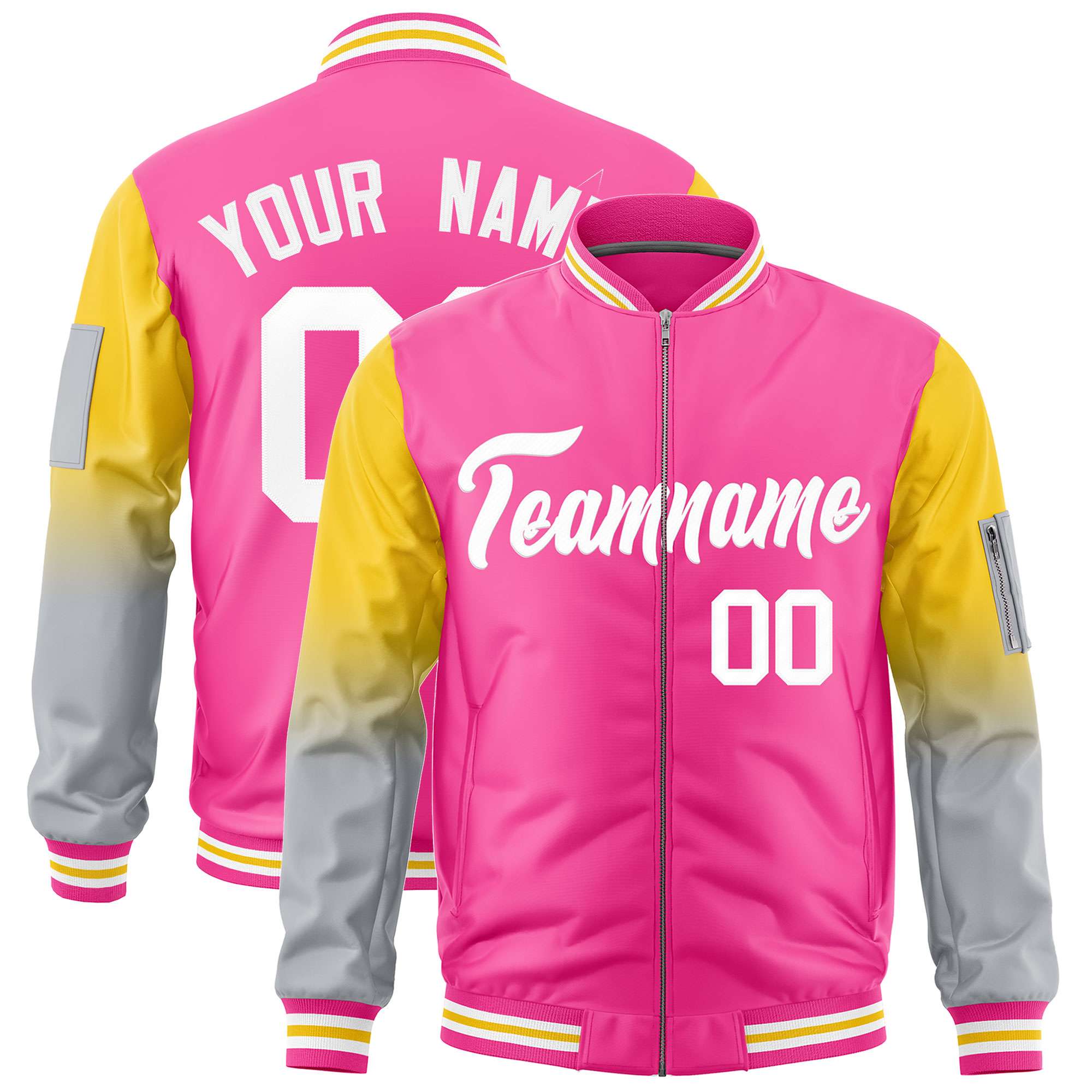 Custom Pink Gold-Silver Gaglan Sleeve Gradient Varsity Full-Zip Letterman Bomber Jacket