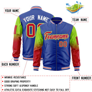 Custom Royal Neon Green-Red Gaglan Sleeve Gradient Varsity Full-Zip Letterman Bomber Jacket