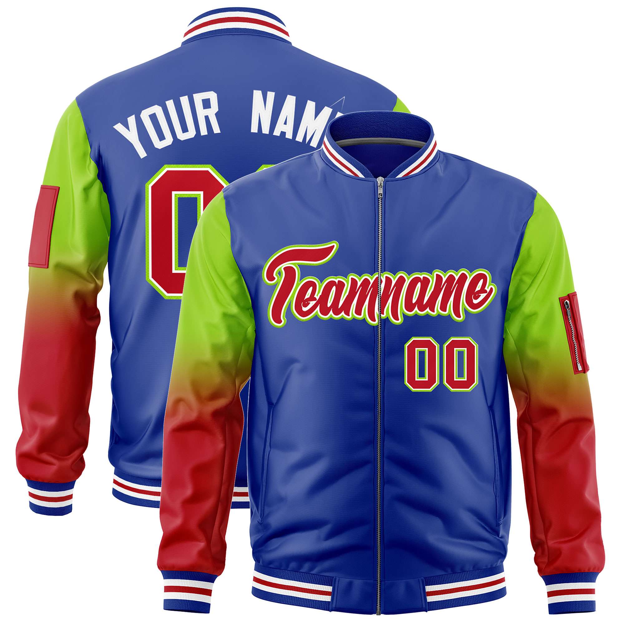 Custom Royal Neon Green-Red Gaglan Sleeve Gradient Varsity Full-Zip Letterman Bomber Jacket