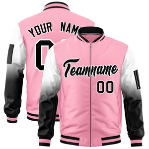 Custom Light Pink White-Black Gaglan Sleeve Gradient Varsity Full-Zip Letterman Bomber Jacket