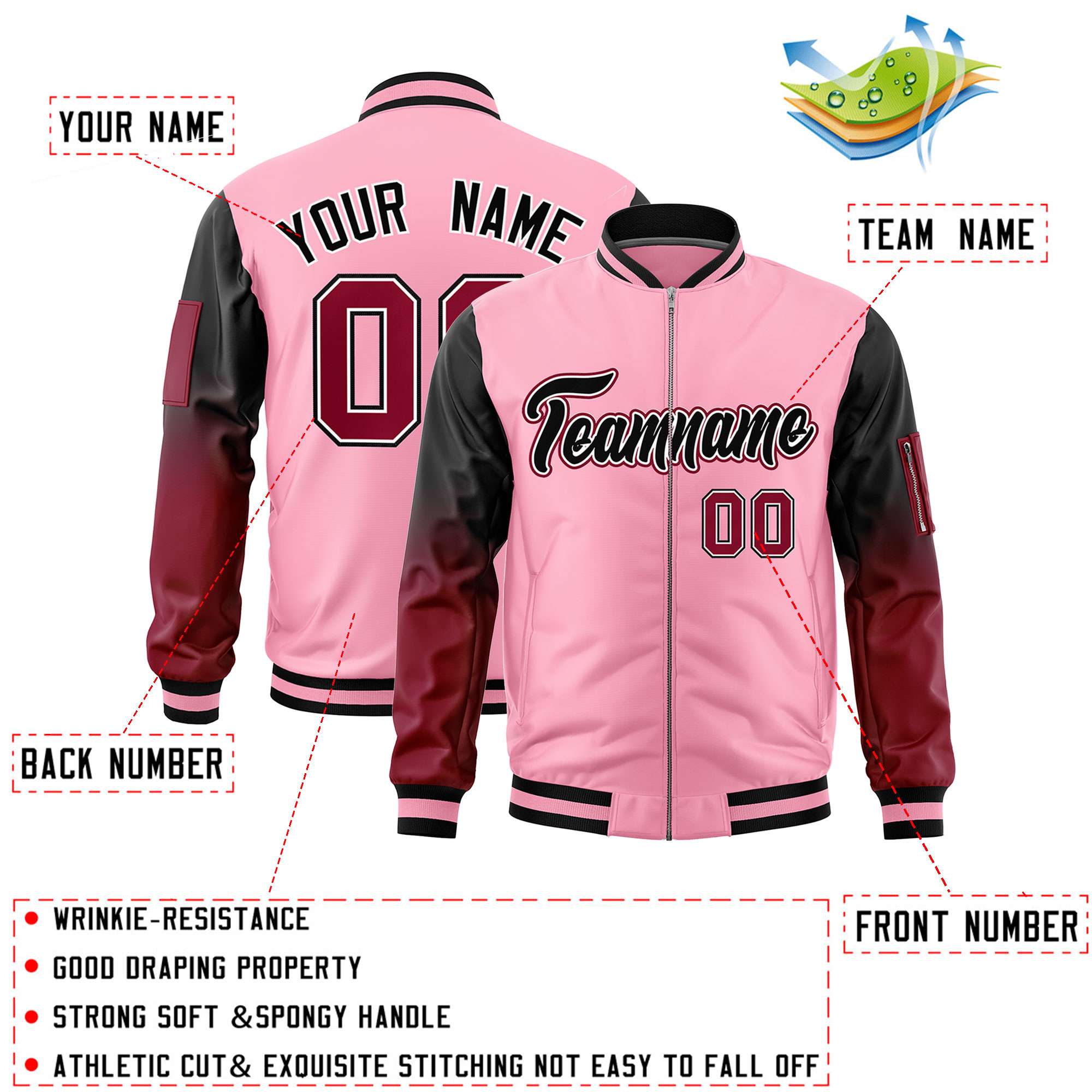 Custom Light Pink Black-Crimson Gaglan Sleeve Gradient Varsity Full-Zip Letterman Bomber Jacket