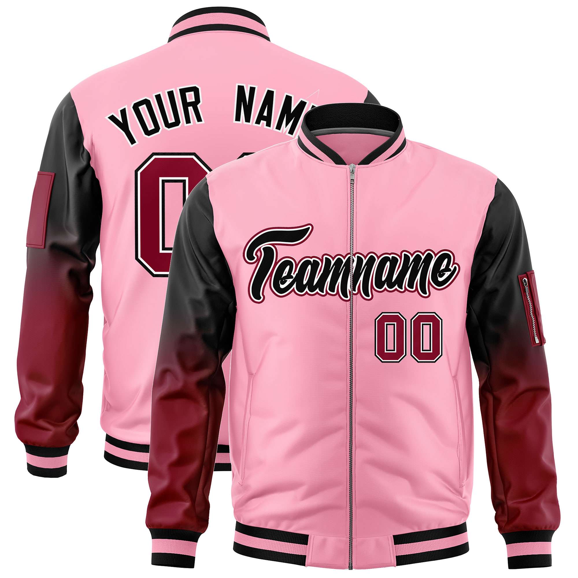 Custom Light Pink Black-Crimson Gaglan Sleeve Gradient Varsity Full-Zip Letterman Bomber Jacket