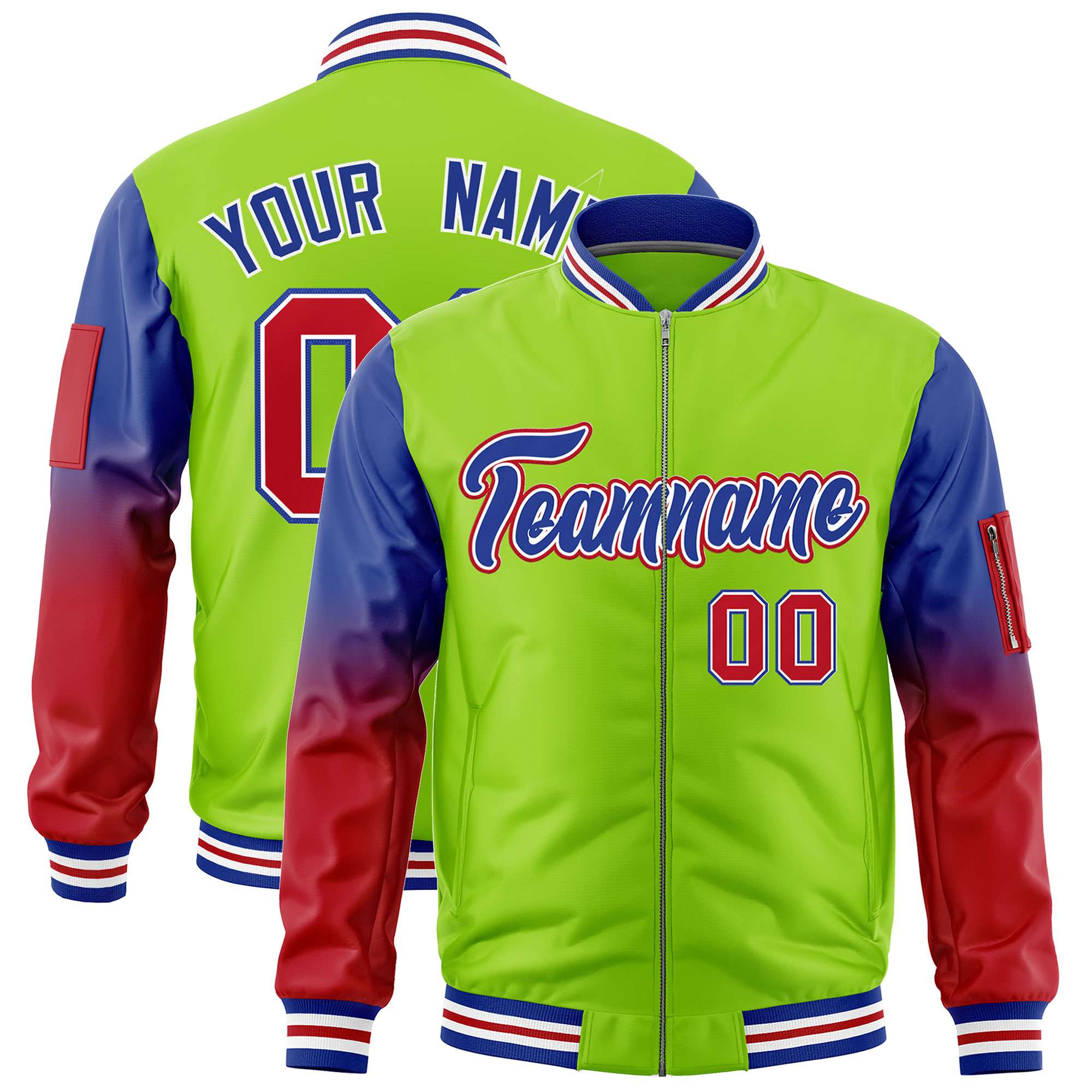 Custom Neon Green Royal-Red Gaglan Sleeve Gradient Varsity Full-Zip Letterman Bomber Jacket