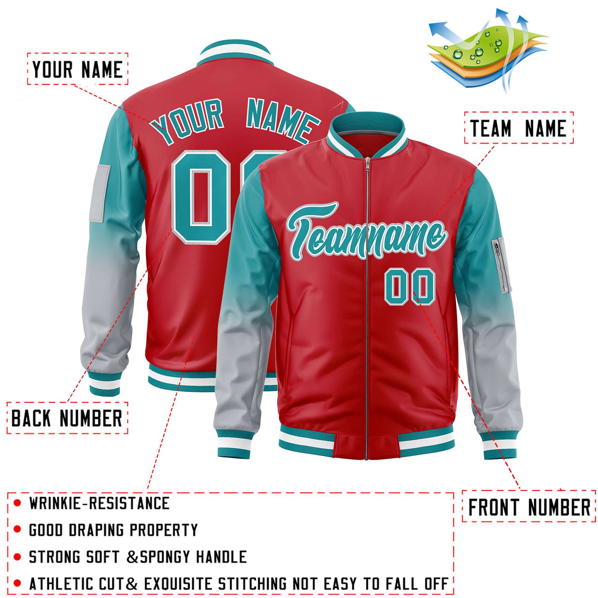 Custom Red Aqua-Silver Gaglan Sleeve Gradient Varsity Full-Zip Letterman Bomber Jacket