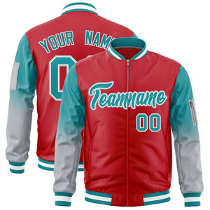 Custom Red Aqua-Silver Gaglan Sleeve Gradient Varsity Full-Zip Letterman Bomber Jacket