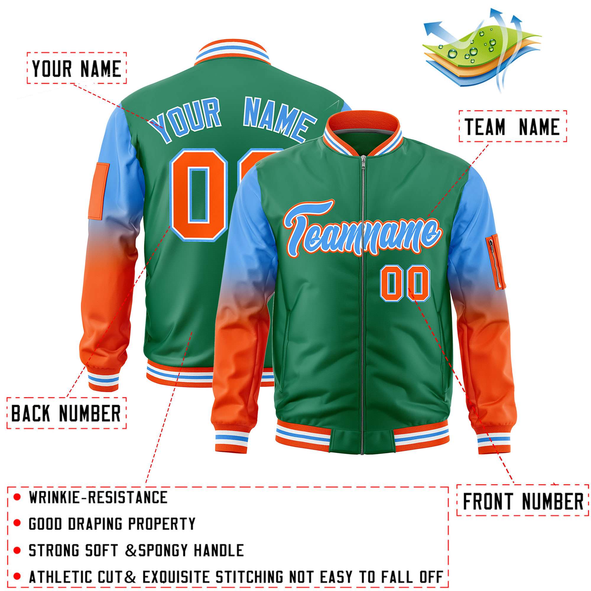 Custom Kelly Green Powder Blue-Orange Gaglan Sleeve Gradient Varsity Full-Zip Letterman Bomber Jacket