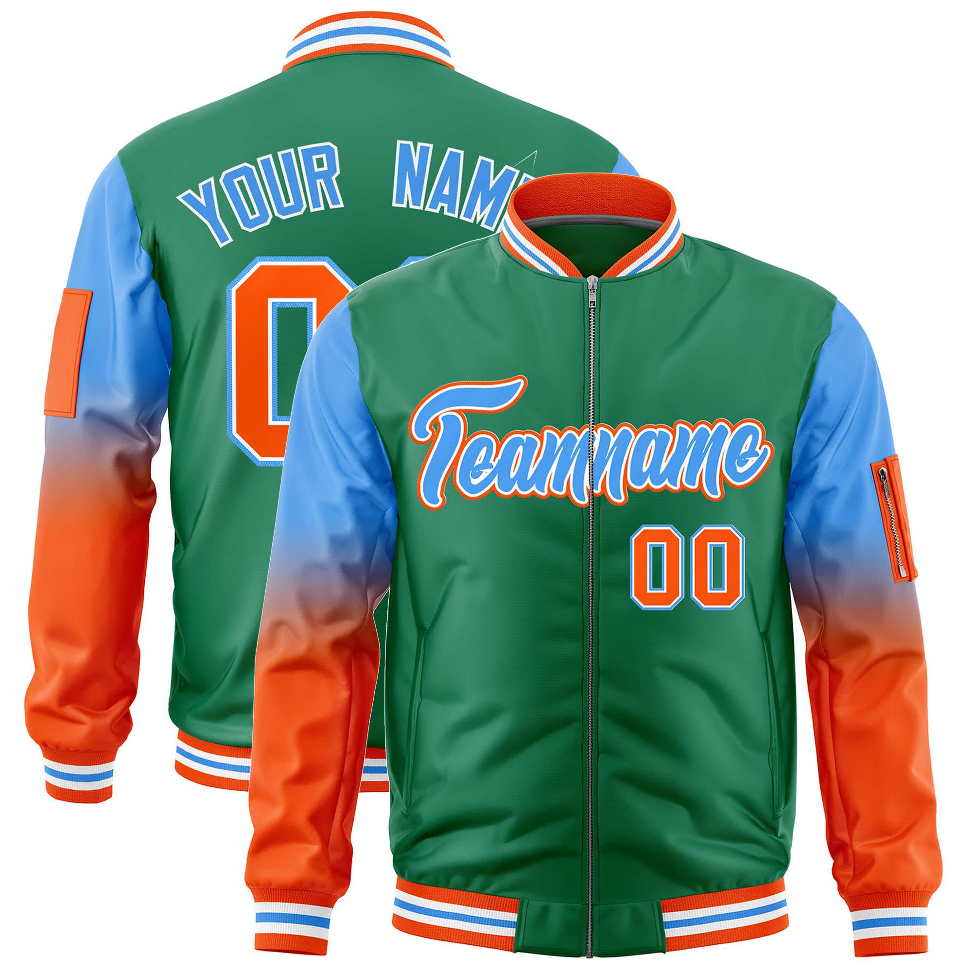 Custom Kelly Green Powder Blue-Orange Gaglan Sleeve Gradient Varsity Full-Zip Letterman Bomber Jacket