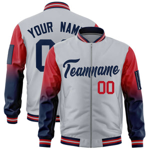 Custom Silver Red-Navy Gaglan Sleeve Gradient Varsity Full-Zip Letterman Bomber Jacket