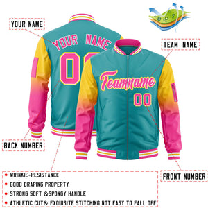 Custom Aqua Gold-Pink Gaglan Sleeve Gradient Varsity Full-Zip Letterman Bomber Jacket