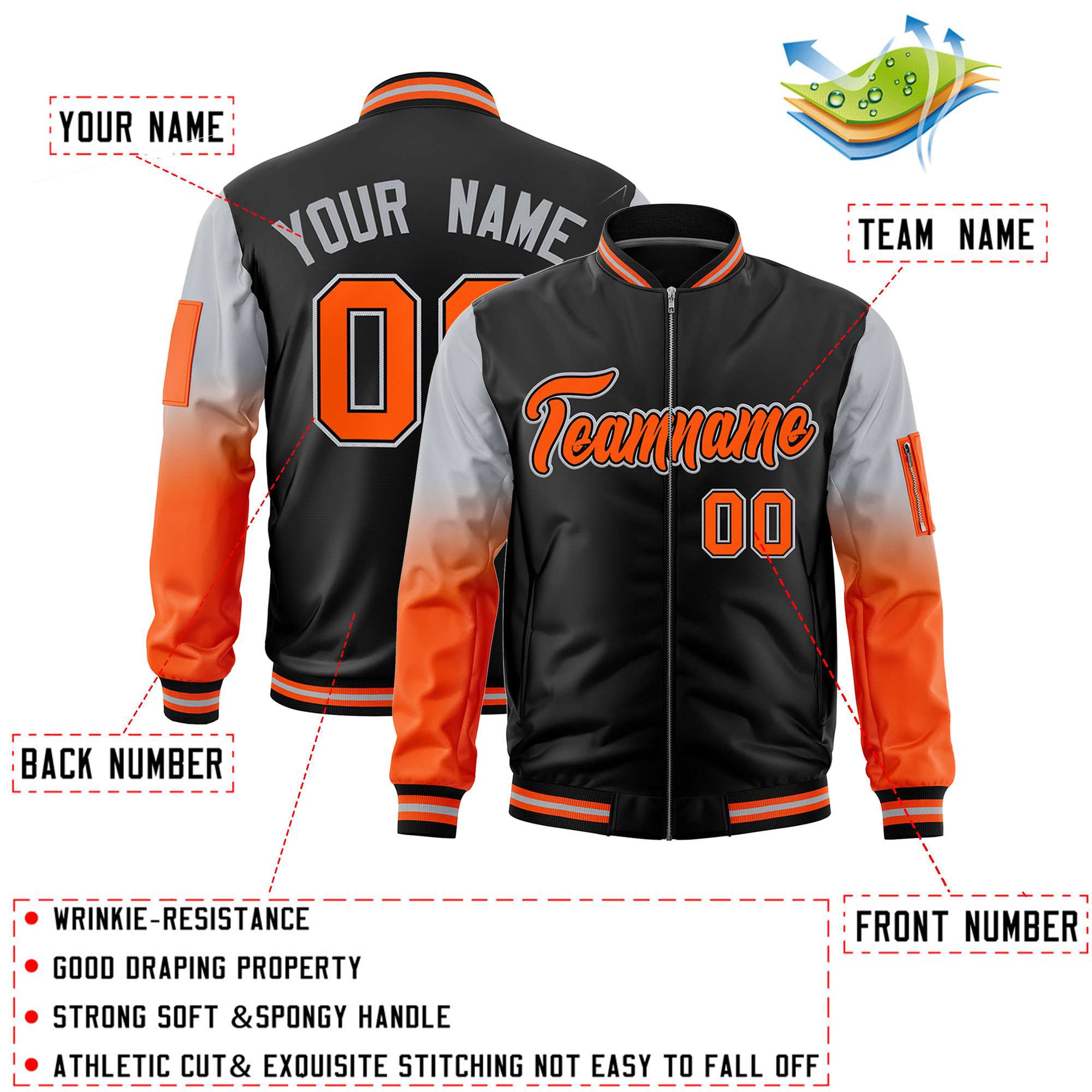 Custom Black Silver-Orange Gaglan Sleeve Gradient Varsity Full-Zip Letterman Bomber Jacket