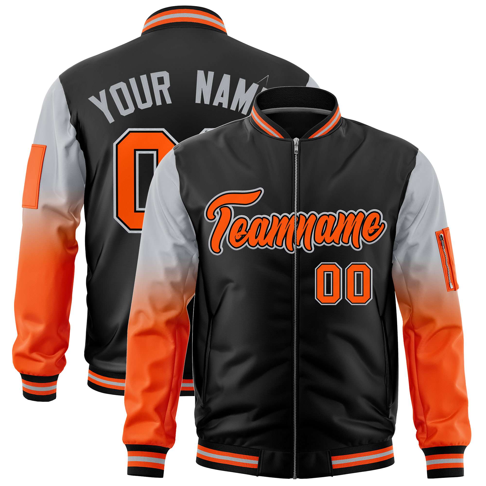 Custom Black Silver-Orange Gaglan Sleeve Gradient Varsity Full-Zip Letterman Bomber Jacket