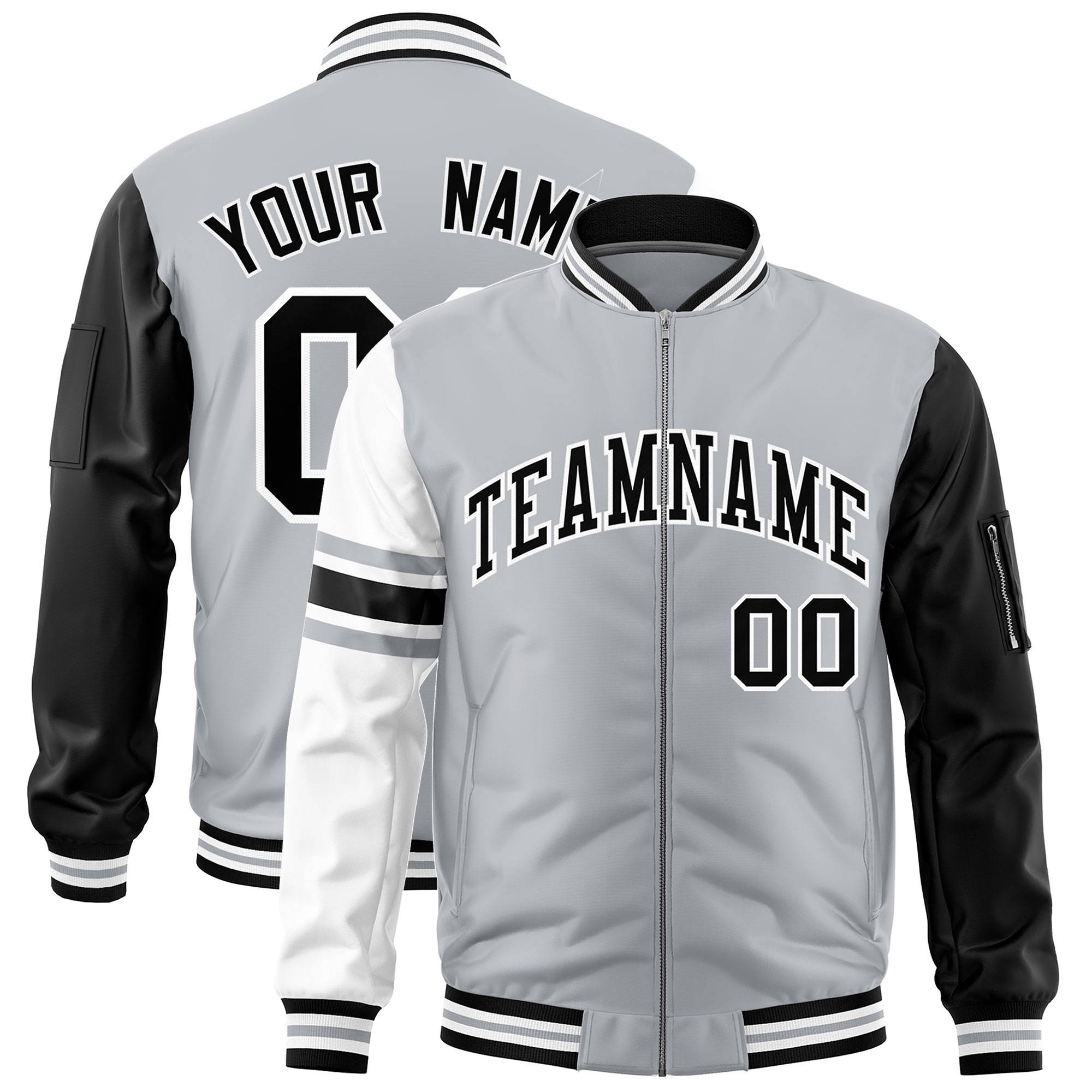 Custom Silver Black-White Varsity Full-Zip Raglan Sleeves Stripe Letterman Bomber Jacket