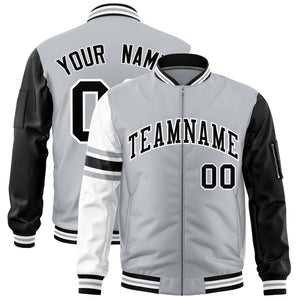 Custom Silver Black-White Varsity Full-Zip Raglan Sleeves Stripe Letterman Bomber Jacket