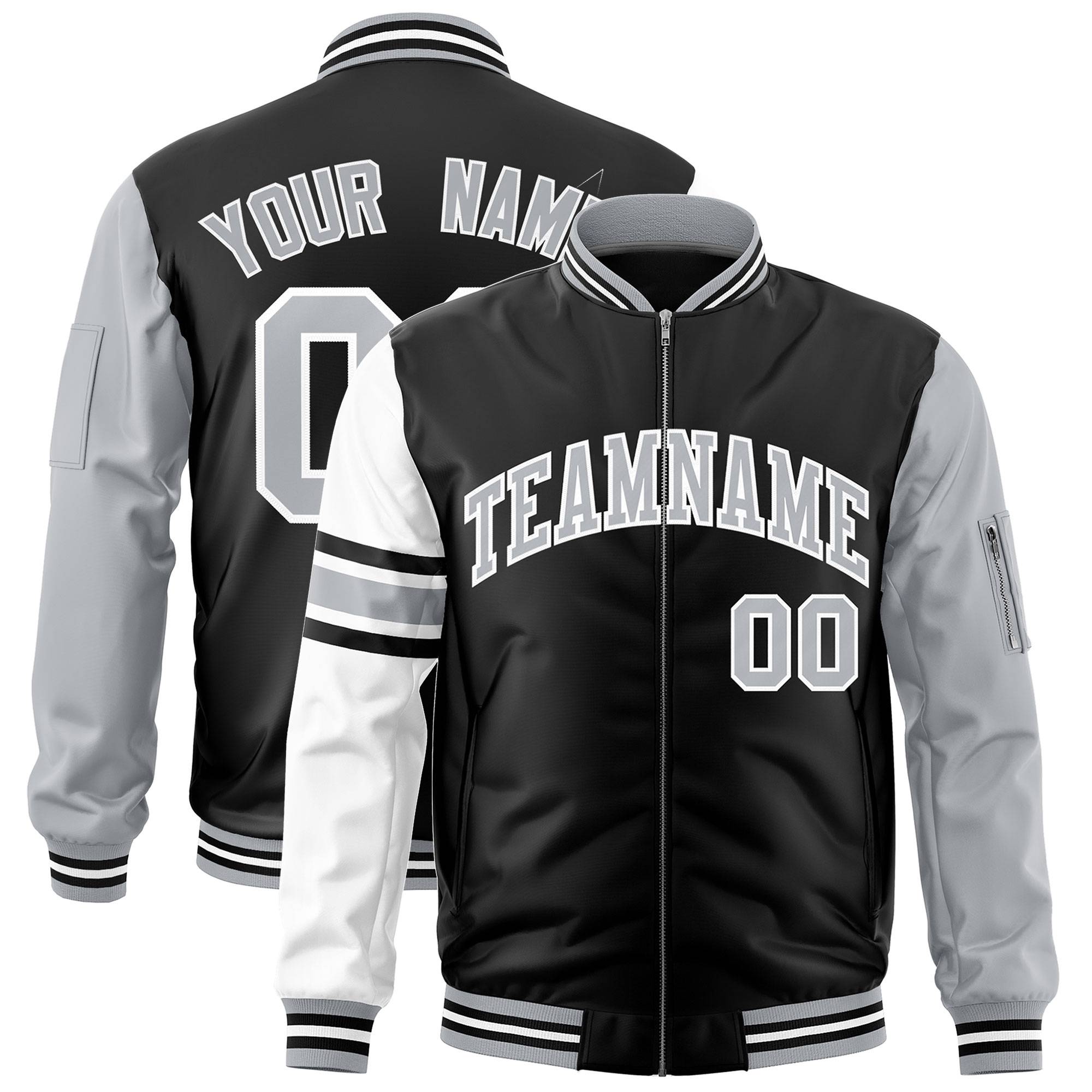 Custom Black Silver-White Varsity Full-Zip Raglan Sleeves Stripe Letterman Bomber Jacket