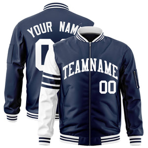 Custom Navy White Varsity Full-Zip Raglan Sleeves Stripe Letterman Bomber Jacket