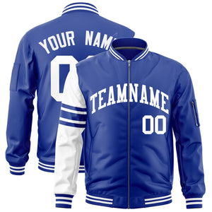 Custom Royal White Varsity Full-Zip Raglan Sleeves Stripe Letterman Bomber Jacket