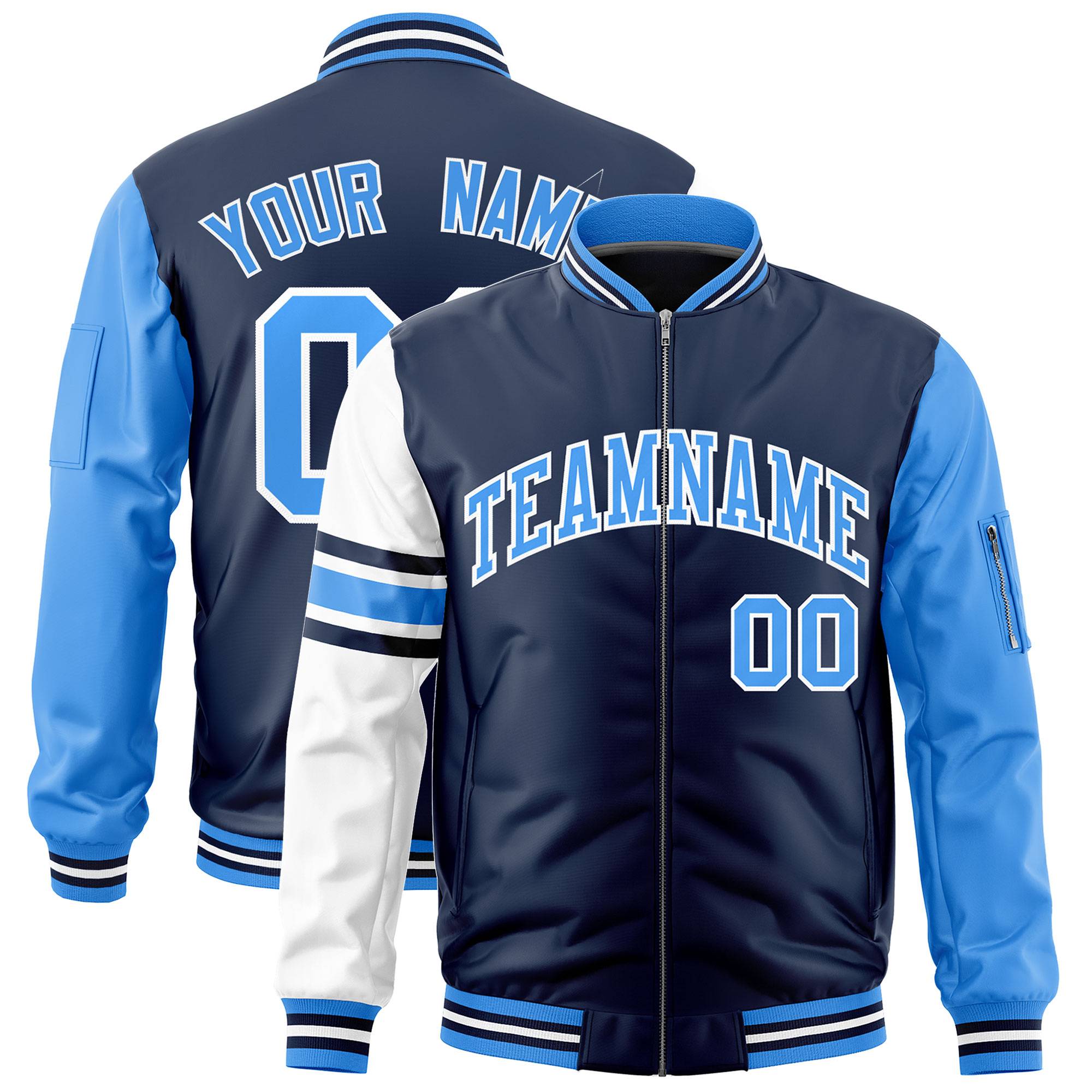 Custom Navy Powder Blue-White Varsity Full-Zip Raglan Sleeves Stripe Letterman Bomber Jacket